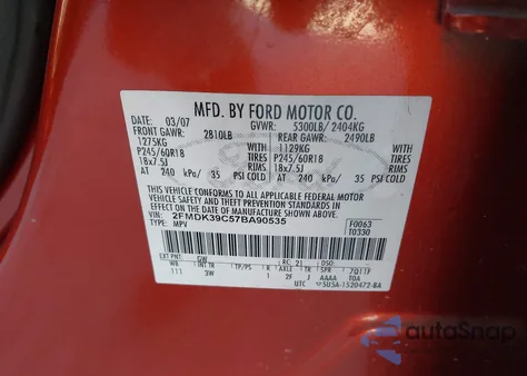 2007 Ford Edge Sel Plus from USA, damaged, VIN 2FMDK39C57BA90535